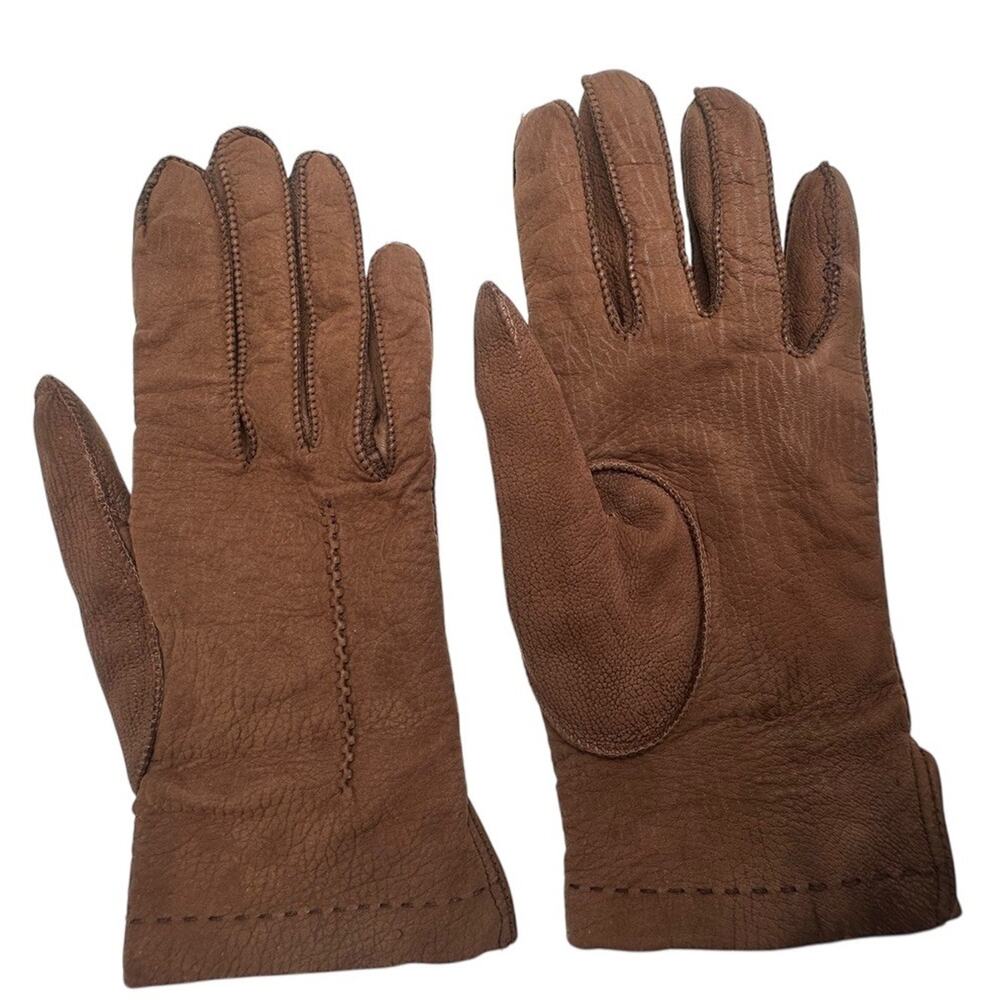 Vtg Women's Soft Leather Brown Wool Lined Gloves Sz 6.5 Made In Italy‎ Winter EC